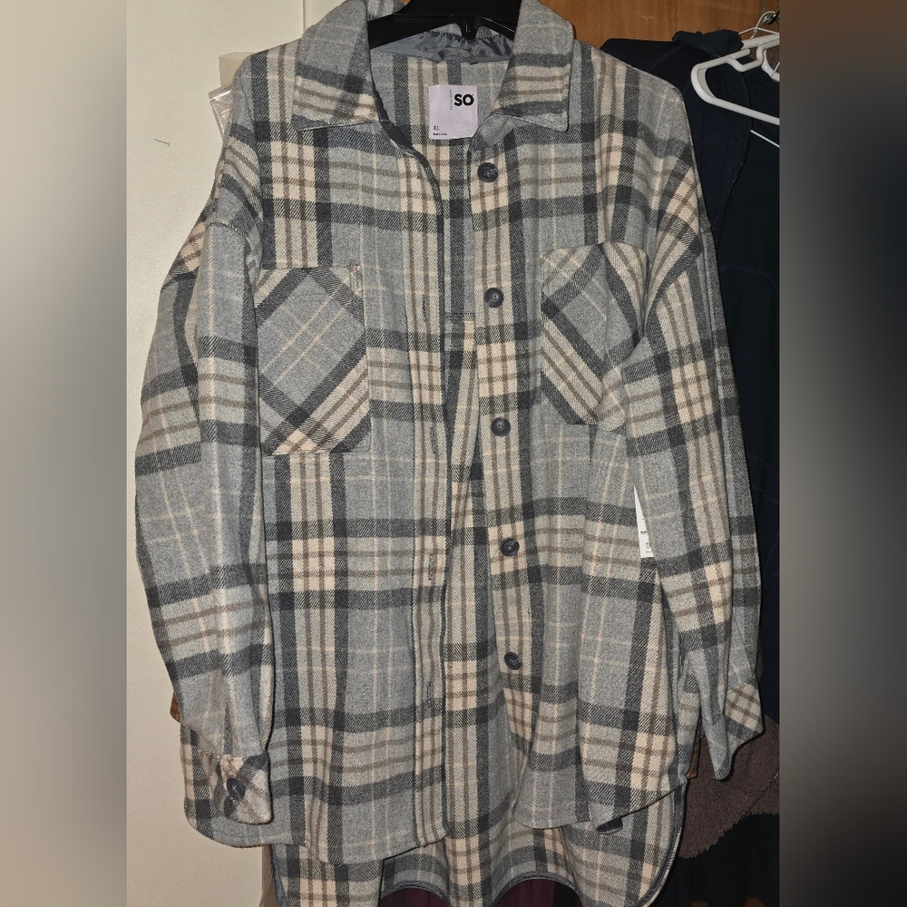 SO Gray and Cream Plaid Shirt Jacket